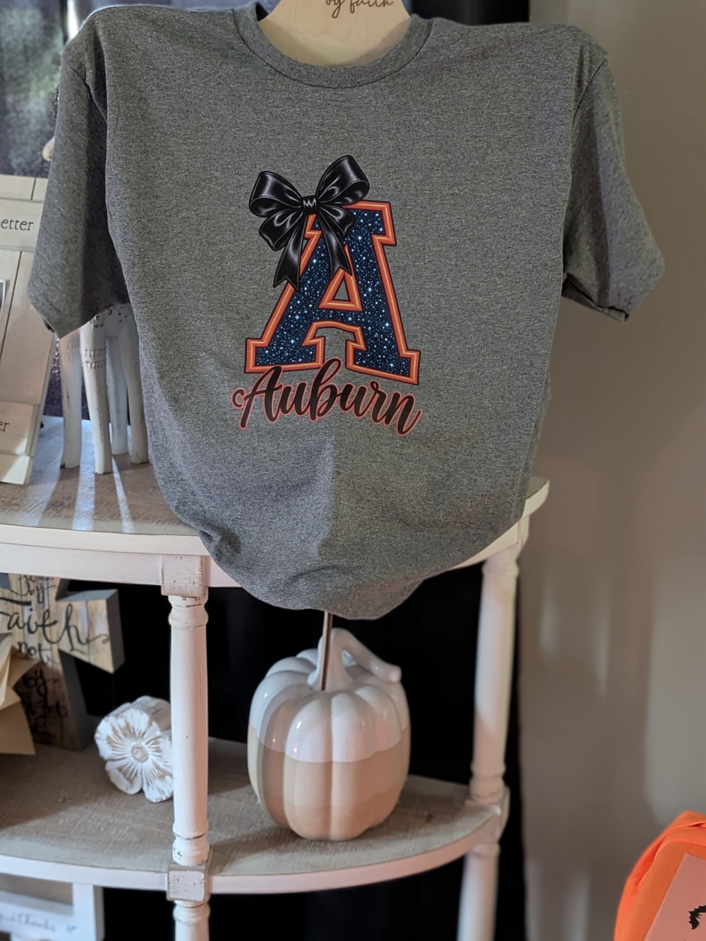 Gilded Intent Gray Auburn 'A' Short Sleeve Tee with Navy Glitter and Orange Trim
